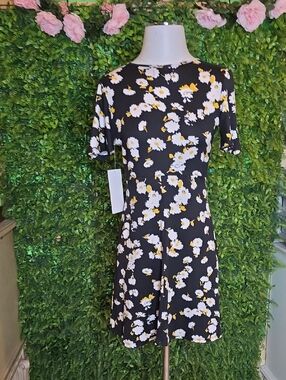 Honey and Rosie Black Mini Dress with White and Yellow Daisy Print